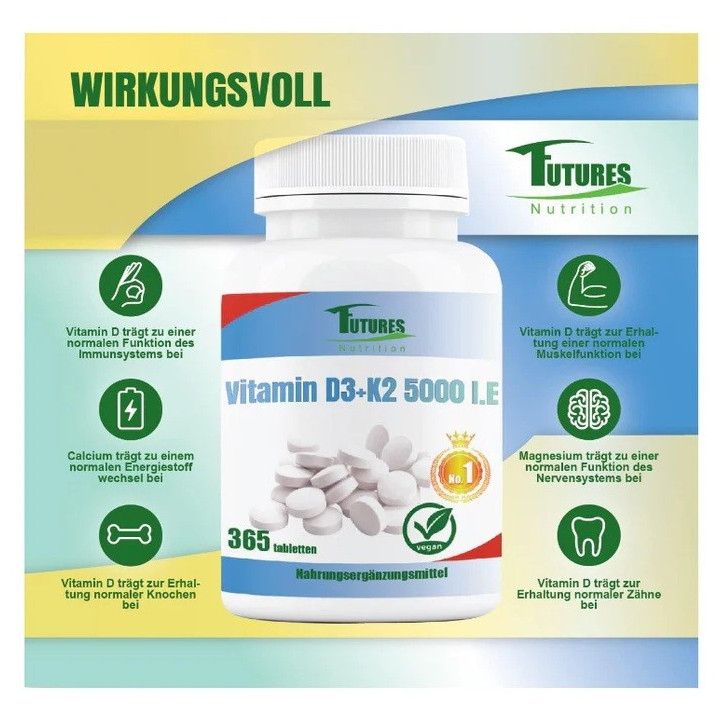 Futures Nutrition D3 K2 MK7 suplement diety dla osob 75 plus ug 365 tabletek  