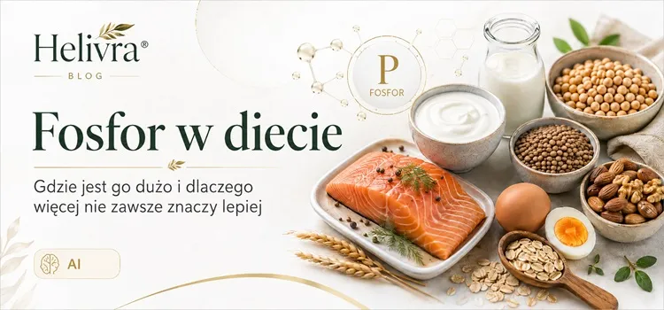 Fosfor w diecie – baner artykułu Helivra przedstawiający produkty bogate w fosfor, takie jak łosoś, nabiał, jajka, rośliny strączkowe, orzechy i płatki owsiane